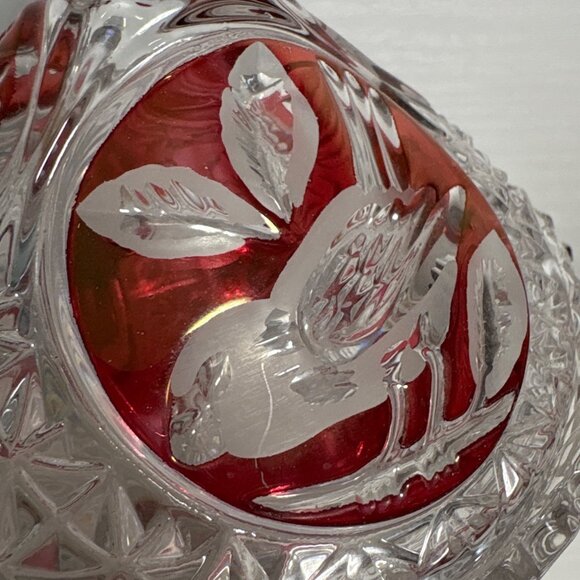 Hofbauer Byrdes Crystal Candy Dish With Lid Red Etched Bird Design 7" Tall - Picture 6 of 13